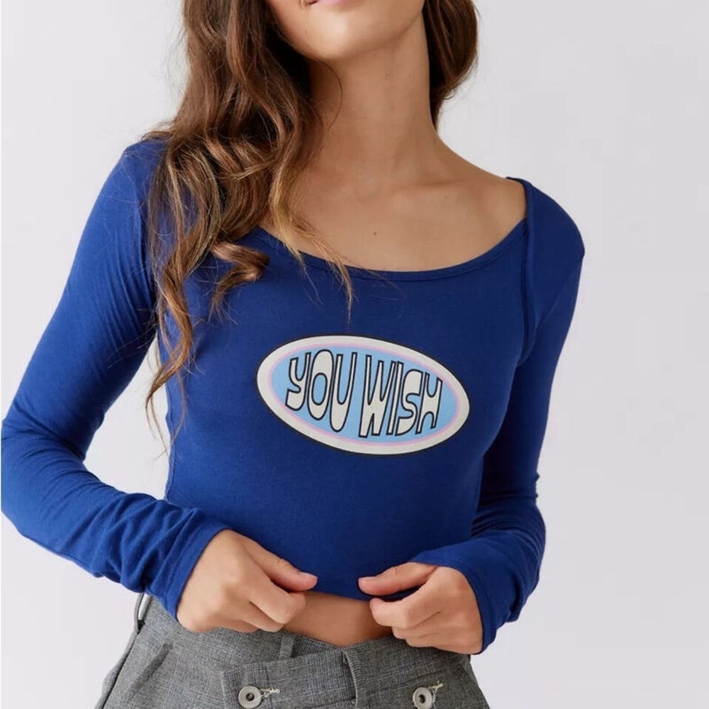 Urban Outfitters Wmn L Navy Blue Casual Y2K Alexia You Wish Long Sleeve Crop Tee